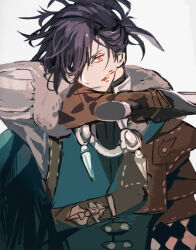 1boy aqua_cape aqua_tunic arm_out_of_frame arm_strap arm_up armor black_hair blood blood_on_face brown_gloves brown_straps cape cape_clasp collared_shirt commentary diamond_(shape) felix_hugo_fraldarius felix_hugo_fraldarius_(timeskip) fire_emblem fire_emblem:_three_houses fur-trimmed_cape fur-trimmed_gloves fur_trim gloves hair_up holding holding_sword holding_weapon leather_armor long_sleeves male_focus nintendo orange_eyes pauldrons shirt shoulder_armor simple_background single_pauldron solo sword tassel tsukimura_noe tunic turtleneck upper_body weapon white_background white_fur white_shirt wiping_face