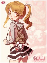1girl backpack bag bag_charm black_choker black_skirt blonde_hair blush_stickers border bracelet brown_bag charm_(object) choker cowboy_shot fang food-themed_hair_ornament frilled_skirt frills grey_hoodie hair_ornament hairclip highres hood hoodie jewelry layered_skirt looking_at_viewer medium_hair miniskirt open_mouth original oyasumi_guu_guu pink_tank_top skirt solo star_bracelet strawberry_hair_ornament tank_top treble_clef twintails white_border yellow_eyes
