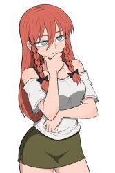1girl alternate_costume arm_up bare_shoulders black_bow black_bra blue_eyes bow bra bra_strap braid breasts cleavage collarbone commentary double-parted_bangs english_commentary eyelashes green_skirt hair_between_eyes hair_bow hand_on_own_chin highres hong_meiling knees_out_of_frame long_hair medium_breasts multiple_hair_bows red_hair redguard shirt short_sleeves simple_background skirt solo touhou twin_braids underwear white_background white_shirt