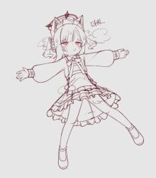 1girl animal_ear_headphones animal_ears apron blue_archive blunt_bangs blush bow bowtie cat_ear_headphones collared_dress cyan9322 dress fake_animal_ears flying_sweatdrops frilled_apron frilled_dress frills from_above furrowed_brow hair_ribbon halo head_steam headphones highres korean_text long_sleeves lying maid maid_apron maid_headdress millennium_science_school_logo momoi_(blue_archive) momoi_(maid)_(blue_archive) monochrome official_alternate_costume official_alternate_hairstyle on_back outstretched_arms panties pantyhose parted_bangs parted_lips puffy_long_sleeves puffy_sleeves red_eyes ribbon shoes short_hair sidelocks simple_background solo spot_color spread_arms spread_legs sweat translation_request twintails underwear white_background