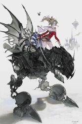 1girl absurdres bare_shoulders bow breasts cape dress final_fantasy final_fantasy_vi green_hair hair_bow highres holding holding_sword holding_weapon kemomin_nosuke magitek_armor mecha pink_cape polka_dot_pantyhose ponytail red_dress red_sleeves reverse-jointed_legs robot sash strapless strapless_dress sword tina_branford tube_dress waist_sash walker_(robot) weapon