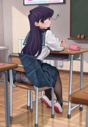 1girl absurdres accidental_exposure ass black_eyes black_pantyhose blue_sailor_collar blue_skirt blush board_eraser chair chalkboard classroom closed_mouth commentary condom condom_wrapper day desk flat_screen_tv food_print fruit_print highres indoors komi-san_wa_komyushou_desu komi_shouko lentiyay long_hair looking_at_viewer panties panties_under_pantyhose pantyhose pencil_case pleated_skirt print_panties purple_hair sailor_collar school_chair school_desk school_uniform shadow shirt shoes sitting skirt solo strawberry_panties strawberry_print television underwear uwabaki very_long_hair white_shirt