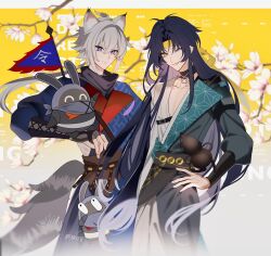 2boys absurdres animal_ears asaba_harumasa bangboo_(zenless_zone_zero) belt black_belt black_choker black_hair cat_boy cat_ears cat_tail chinese_clothes choker creature_on_arm floral_background flower hand_on_own_hip headband highres long_hair long_tail looking_at_viewer multiple_boys naru9 official_alternate_costume official_alternate_hair_length official_alternate_hairstyle one_eye_closed purple_eyes seth_lowell single_pennant smile tail white_hair yellow_background yellow_eyes yellow_headband zenless_zone_zero