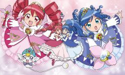 Rule 34 | 2girls, :d, \m/, ahoge, aqua eyes, arm up, artist logo, artist name, back bow, bead bracelet, beads, blonde hair, blue bow, blue dress, blue hair, blue hat, blue shoes, blush, bow, bowtie, bracelet, chest bow, closed mouth, commentary, creature, crest, curly hair, dot nose, dress, dress bow, drill hair, earrings, elbow gloves, fairy, fine (futagohime), fine (party dress) (futagohime), fine (prominence dress up) (futagohime), flower wand, frilled dress, frilled sleeves, frills, full body, fushigiboshi no futago hime, gem, gleam, gloves, gold tiara, gown, hair between eyes, hair ornament, hat, heart, heart print, high collar, highres, holding, holding hands, holding wand, interlocked fingers, jeweled hat, jewelry, kaetsai, logo, long hair, long sleeves, looking at viewer, magical girl, medallion, multiple girls, multiple views, open mouth, overskirt, pantyhose, phrygian cap, pink background, pink bow, pink dress, pink shoes, pointy ears, ponytail, pumo (futagohime), purple bow, purple bowtie, purple eyes, red eyes, red gemstone, red hair, rein (futagohime), rein (party dress) (futagohime), rein (prominence dress up) (futagohime), ringlets, shoes, short sleeves, siblings, sisters, sleeves past wrists, smile, sparkle, sparkle background, star (symbol), star earrings, star hair ornament, sun hat ornament, sun print, supportasse, tail, tiara, twin drills, twins, twintails, two-tone dress, wand, white bow, white dress, white pantyhose, wide sleeves
