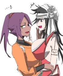 Rule 34 | 2girls, black hair, bleach, breasts, large breasts, long hair, mmsb 551, multiple girls, ponytail, purple hair, shiba kuukaku, shihouin yoruichi