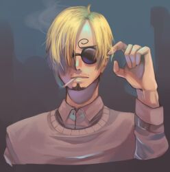 1boy alternate_costume blonde_hair cigarette clip_studio_paint_(medium) commentary curly_eyebrows english_commentary facial_hair goatee grey_shirt hair_over_one_eye hannitee highres long_sleeves male_focus mouth_hold mustache_stubble one_eye_covered one_piece round_eyewear sanji_(one_piece) shirt short_hair smoke solo stubble sunglasses