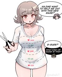 1girl :o alternate_costume blush breasts brown_eyes brown_hair cowboy_shot danganronpa_(series) danganronpa_2:_goodbye_despair english_text flipped_hair galaga hinata_hajime holding holding_scissors matraart medium_hair meme nanami_chiaki scissors simple_background solo_focus speech_bubble twitter_cutting_game twitter_strip_game white_background