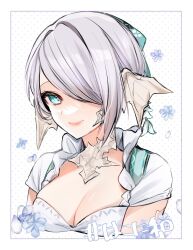 1girl aqua_eyes au_ra bow breasts cleavage dirndl dragon_girl dragon_horns final_fantasy final_fantasy_xiv fliz_ts german_clothes grey_hair hair_bow hair_over_one_eye highres horns looking_at_viewer portrait scales short_hair short_sleeves solo warrior_of_light_(ff14)