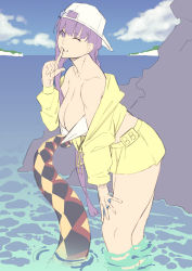 1girl absurdres backwards_hat baseball_cap bb_(fate) bb_(swimsuit_mooncancer)_(fate) bb_(swimsuit_mooncancer)_(first_ascension)_(fate) bikini_pull braid breasts cleavage clothes_pull dyun fate/grand_order fate_(series) finger_to_mouth from_side hat highres jacket large_breasts leaning_forward long_hair looking_at_viewer miniskirt ocean one_eye_closed outdoors pulling_another&#039;s_clothes purple_hair shushing skirt smile solo tentacles tentacles_under_clothes wading white_hat yellow_jacket yellow_skirt