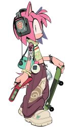 1girl 2000s amy_rose animal_ears aqua_bag arm_tattoo bag bare_shoulders bracelet brown_pants cellphone crop_top em.bani flip_phone full_body furry furry_female green_eyes green_nails headphones highres holding holding_phone holding_skateboard jewelry looking_at_viewer midriff nail_polish pants phone pink_fur pink_hair shoes short_tail shoulder_bag skateboard sleeveless sleeveless_turtleneck sneakers solo sonic_(series) tail tamagotchi tattoo turtleneck two-tone_fur white_background