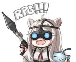 Rule 34 | animal ear piercing, animal ears, bolo tie, chest harness, chibi, chibi only, collared shirt, dress shirt, grey hair, hair flaps, harness, holding, holding rocket launcher, holding weapon, hololive, lion ears, long hair, long sidelocks, long sleeves, night vision device, official alternate costume, orakuru (oracle art), red brooch, rocket launcher, rpg (weapon), shirt, shishiro botan, shishiro botan (button-down), sidelocks, ssrb (shishiro botan), virtual youtuber, weapon, white shirt