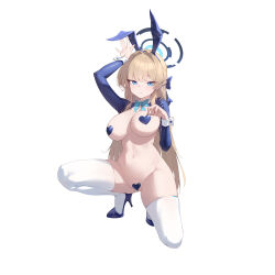 1girl absurdres alternate_breast_size animal_ears arm_up blonde_hair blue_archive blue_eyes blue_halo bow bowtie breasts cleavage fake_animal_ears full_body groin halo heart_maebari heart_pasties high_heels highleg highleg_leotard highres large_breasts leotard long_hair maebari nude parted_lips pasties rabbit_ears rabbit_pose simple_background solo squatting sukaliya thighhighs thighs toki_(blue_archive) toki_(bunny)_(blue_archive) very_long_hair white_background white_thighhighs wrist_cuffs
