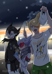 3boys absurdres arceus bag black_hair black_scarf blonde_hair blue_eyes can character_print collarbone creatures_(company) game_freak gen_4_pokemon gloves grey_eyes grey_gloves grey_hair grey_scarf grimsley_(pokemon) hair_over_one_eye highres holding holding_can lear_(pokemon) legendary_pokemon looking_at_viewer male_focus multiple_boys mythical_pokemon night night_sky nintendo open_mouth plastic_bag pokemon pokemon_legends:_arceus pokemon_masters_ex pokemon_sm red-tinted_eyewear scarf sekirin_(tappppuri) shirt sky standing tinted_eyewear twitter_username volo_(pokemon) white_shirt