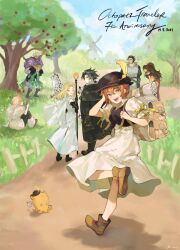 Rule 34 | 4boys, 4girls, :d, alfyn greengrass, anniversary, apple, aubz, black hair, black hat, blonde hair, braid, braided ponytail, brown bag, brown hair, brown shoes, cape, carrying, commentary, copyright name, cyrus albright, dated, dress, english commentary, food, fruit, green eyes, h&#039;aanit (octopath traveler), hat, hat feather, high ponytail, highres, holding, holding food, holding fruit, holding staff, linde (octopath traveler), long hair, looking at viewer, multiple boys, multiple girls, octopath traveler, octopath traveler i, olberic eisenberg, on grass, open mouth, ophilia clement, outdoors, piggyback, ponytail, primrose azelhart, road, shadow, shoes, sitting, smile, staff, therion (octopath traveler), tree, tressa colzione, white cape, white dress