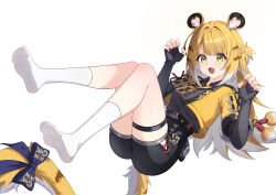 1girl :3 :d absurdres animal_ears belt black_belt black_shirt black_shorts blonde_hair blue_bow bow claw_pose cropped_jacket fang fingerless_gloves gloves green_eyes highres jacket ju_fufu kurosti long_hair looking_at_viewer multicolored_hair open_mouth shirt shorts smile socks solo tail tail_bow tail_ornament tiger_ears tiger_girl tiger_tail two-tone_hair white_hair white_socks yellow_jacket zenless_zone_zero