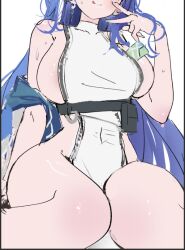 1girl :p arcana_(nikke) blue_hair blue_nails breasts covered_navel earrings goddess_of_victory:_nikke jewelry large_breasts mrr_05 one_side_up pelvic_curtain sideboob sweat thighs tongue tongue_out underbust v