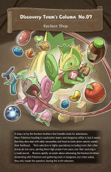 absurdres alternate_color alternate_shiny_pokemon apple berry_(pokemon) character_name english_text food fruit gen_3_pokemon green_scales gummi_(pmd) highres kecleon lizard long_tongue nintendo no_humans open_mouth oran_berry pecha_berry pink_scales pokemon pokemon_(creature) purple_kecleon seed tongue tongue_out very_long_tongue wonder_orb yamaori_(hakkentai_pokedan)