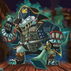 1boy alternate_color alternate_costume alternate_eye_color armor aura banana banana_print beckoning belt belt_buckle black_coat blue_gemstone brown_footwear buckle claws coat commentary corruption crocodile crocodile_boy crocodilian crossover dark_persona donkey_kong_(series) donkey_kong_country english_commentary evil_smile facial_mark facial_tattoo fangs fierce_deity wagging_finger fingerless_gloves food food_print fruit fruit_print furry gem gloves glowing green_scales gun hal_laboratory hat highres holding holding_gun holding_weapon index_finger_raised king_k._rool looking_to_the_side male_focus nintendo no_pupils open_clothes open_coat open_mouth outdoors pirate_costume pirate_hat possessed possession rareware scales smile standing stoic_seraphim sunset super_smash_bros. tattoo the_legend_of_zelda the_legend_of_zelda:_majora&#039;s_mask toeless_footwear triangle triangle_print weapon white_eyes
