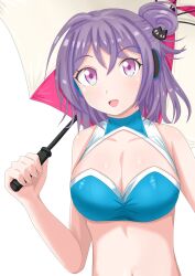 1girl breasts chignon cleavage katsuta_miki purple_hair race_queen station_memories