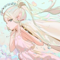 1girl absurdres bug butterfly cape closed_mouth commentary dress earrings frieren green_eyes head_wreath highres holding holding_unworn_cape holding_unworn_clothes insect jewelry komodo long_hair looking_at_viewer necklace pointy_ears sideways_glance solo sousou_no_frieren twintails unworn_cape upper_body white_dress white_hair