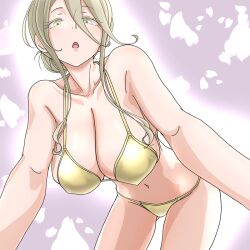 1girl bare_shoulders bikini blonde_hair breasts commentary cowboy_shot floral_background gold_bikini large_breasts long_hair make_heroine_ga_oo_sugiru! navel open_mouth purple_background ruri_(ruri_) shikiya_yumeko solo stomach swimsuit yellow_eyes