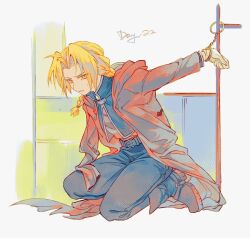 1boy black_pants blonde_hair braid coat cuffs edward_elric fullmetal_alchemist handcuffs highres kneeling male_focus medium_hair pants red_coat solo sweat teeth xue_ezi yellow_eyes