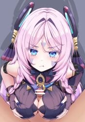 1girl :t bare_shoulders black_bra blue_eyes blush bra braid breasts breasts_squeezed_together censored citlali_(genshin_impact) facial_mark feathers floating_headgear forehead_mark genshin_impact grabbing_own_breast hair_ornament headgear highres long_hair looking_at_viewer medium_breasts moni_(moni7475) mosaic_censoring paizuri paizuri_under_clothes penis pink_hair pink_pupils pov pov_crotch purple_feathers ring_hair_ornament triangle triangle_facial_mark twin_braids underwear upper_body