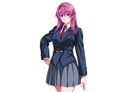 1girl aqua_eyes blazer blue_eyes blue_jacket collared_shirt cowboy_shot game_cg gentle_sasaki grey_skirt hair_between_eyes hand_on_own_hip jacket long_hair long_sleeves looking_at_viewer necktie non-web_source official_art pink_hair pleated_skirt red_necktie school_uniform shindou_hatsune shirt skirt smile solo soukou_senki_prism_reica standing transparent_background