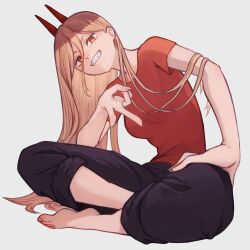 1girl absurdres barefoot black_pants blonde_hair breasts chainsaw_man crew_neck demon_horns fingernails full_body grin hair_behind_ear hand_on_own_leg head_tilt highres horns indian_style ito_yoshi large_breasts long_hair looking_at_viewer orange_eyes pants power_(chainsaw_man) red_horns red_shirt sharp_teeth shirt short_sleeves simple_background sitting slit_pupils smile solo straight_hair teeth v v-shaped_eyebrows very_long_hair white_background