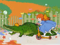 Rule 34 | 1girl, animal, blue dress, bubble, claws, closed mouth, crocodile, crocodilian, dress, fish, flower, hat, kick scooter, orange hair, original, outdoors, popomameponpon, walking, yellow hat