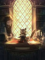 1boy 1girl black_eyes blunt_bangs book bookshelf boots bow brown_hair candle candlestand chair crossed_legs cup desk english_text glasses highres indoors inkwell long_sleeves looking_at_viewer master_fairy_(porforever) medium_hair microsoft_windows mini_person minigirl original paper porforever quill sidelocks sitting smile teacup vest white_hair