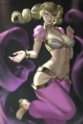 10s 1girl absurdres alternate_costume aqua_eyes arabian arabian_clothes artist_name blonde_hair bra bracelet breasts choker dancer earrings female_focus gold_trim highres jewelry looking_to_the_side medium_breasts midriff navel persona persona_4:_dancing_all_night persona_5 persona_5:_dancing_star_night persona_dancing ragecndy shawl smile solo takamaki_anne twintails underwear