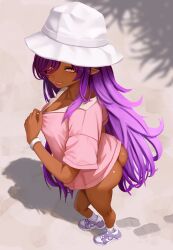 1girl absurdres ass bottomless breasts bucket_hat collarbone dark-skinned_female dark_skin day fangs footprints fox_(shunao) from_above hat highres long_hair looking_at_viewer nike_(company) original pink_shirt pointy_ears pulling_own_clothes purple_hair shadow shirt shoes sneakers socks solo standing very_long_hair white_hat white_socks yan_kodiac yellow_eyes