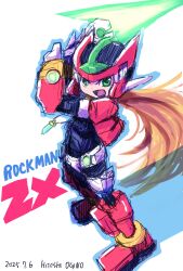1boy 1girl anniversary armor artist_name black_bodysuit blonde_hair bodysuit dated energy_sword forehead_jewel full_body helmet highres holding holding_sword holding_weapon jacket jewelry long_hair mega_man_(series) mega_man_zx model_zx_(mega_man) ogino_hitoshi_(ogitchi) pendant red_armor red_helmet red_jacket solo sword vent_(mega_man) weapon