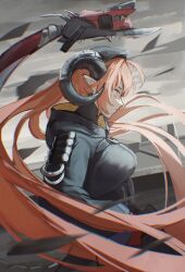 1girl absurdres beret black_hat breasts cowboy_shot dragon_girl dragon_horns green_eyes grey_sky gryphnzz hat highres horns long_hair long_sleeves magus_(zenless_zone_zero) mechanical_tail orange_hair orange_pupils orpheus_(zenless_zone_zero) pointy_ears serious sky tail zenless_zone_zero