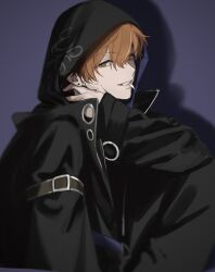 1boy belt black_jacket black_pants blonde_hair commentary_request cowboy_shot drop_shadow earrings fingernails green_eyes grin hair_between_eyes hand_on_own_cheek hand_on_own_face highres hood hood_up hooded_jacket jacket jewelry long_sleeves looking_at_viewer male_focus mouth_hold multicolored_hair open_clothes open_jacket orange_hair pants project_sekai puffy_long_sleeves puffy_sleeves purple_background purple_belt sa_tsuko shinonome_akito short_hair simple_background sitting smile solo streaked_hair two-tone_hair
