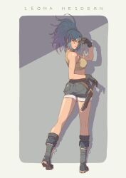 1girl absurdres bare_shoulders black_gloves blue_eyes blue_hair boots character_name combat_boots combat_knife dog_tags earrings full_body gloves high_ponytail highres jewelry knife leona_heidern minisky01 ponytail shorts sleeveless solo tank_top the_king_of_fighters the_king_of_fighters_xv triangle_earrings twisted_torso weapon yellow_tank_top