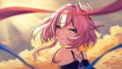 1girl bare_shoulders blue_eyes coat commentary_request cyrene_(honkai:_star_rail) gruisin hair_ornament highres honkai:_star_rail honkai_(series) medium_hair outdoors pink_hair purple_coat signature smile solo upper_body