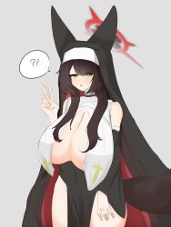 1girl ? absurdres animal_ears bare_shoulders black_dress black_hair black_veil blue_archive blush breast_curtains breasts cleavage collar colored_inner_hair detached_sleeves dress fox_ears fox_girl fox_tail highres huge_breasts looking_at_viewer multicolored_hair nun open_mouth red_hair solo tail two-tone_hair v veil wakamo_(blue_archive) wakamo_loverr white_collar yellow_eyes