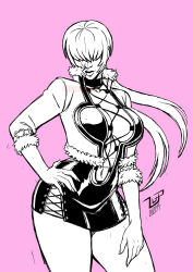 1girl breasts cleavage_cutout clothing_cutout curvy dress female_focus fishnets hand_on_own_hip heart huge_breasts jacket large_breasts long_hair lucaspflp no_bra ponytail shermie_(kof) skirt standing the_king_of_fighters thick_thighs thighs twintails wide_hips