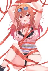1girl absurdres ahoge ana_(vvvvor) armpits arms_up belt black-framed_eyewear black_bra black_panties blue_skirt blush bra breasts center_frills cleavage colored_inner_hair earrings eyewear_on_head frills gold_earrings hair_ornament hairpin highres hololive hololive_dev_is ichijou_ririka ichijou_ririka_(1st_costume) jewelry large_breasts long_hair looking_at_viewer multicolored_hair open_mouth orange_eyes orange_hair panties pink_shirt red_ribbon ribbon shirt single_earring skirt sleeveless sleeveless_shirt solo sunglasses underwear virtual_youtuber white_belt