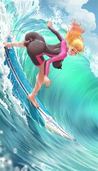 1girl ass barefoot blonde_hair bodysuit breasts chichimaro covered_erect_nipples diving_suit highres large_breasts long_hair looking_at_viewer nipple_piercing object_insertion ocean original piercing sex_toy skin_tight smile solo surfboard surfing vibrator water waves wetsuit