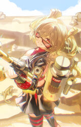 1girl absurdres black_jacket black_skirt black_thighhighs blonde_hair burnice_white chinese_commentary closed_mouth commentary_request cropped_jacket flamethrower gangsi_qiu_nianyu_jing highres holding holding_flamethrower holding_weapon jacket long_hair looking_at_viewer looking_over_eyewear one_eye_closed red-tinted_eyewear red_eyes revision skirt smile solo sunglasses thighhighs tinted_eyewear twintails weapon zenless_zone_zero