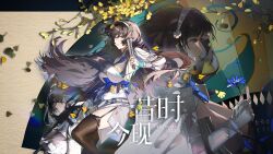 3girls assault_rifle black_thighhighs blueblossom breasts brown_hair bullpup chinese_clothes chinese_text closed_mouth commentary copyright_name daiyan_(girls&#039;_frontline_2) daiyan_(neural_cloud) dress english_commentary fingerless_gloves flower folding_fan garter_straps girls&#039;_frontline girls&#039;_frontline_2:_exilium girls&#039;_frontline_neural_cloud gloves gun hairband hand_fan highres holding holding_fan holding_flower holding_gun holding_weapon large_breasts long_hair looking_at_viewer multiple_girls multiple_persona parted_lips qbz-95 rifle smile thighhighs trigger_discipline type_95_(girls&#039;_frontline) weapon white_dress white_gloves white_hairband