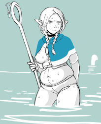 1girl belly braid breasts bursting_belly covered_erect_nipples dungeon_meshi elf fat female_focus hood kreosote large_breasts limited_palette marushiru plump pointy_ears sad solo staff sweat twin_braids undersized_clothes wading