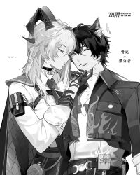 1boy 1girl arm_pouch chest_harness choker closed_eyes collared_jacket commentary curled_horns earrings gloves greyscale harness hashtag-only_commentary highres horns illuxionth jacket jacket_on_shoulders jewelry kemonomimi_mode key_earrings long_hair male_rover_(wuthering_waves) mole mole_under_eye monochrome necktie one_eye_closed open_clothes open_jacket rover_(wuthering_waves) scratching_chin shirt short_hair smile wuthering_waves zani_(wuthering_waves)