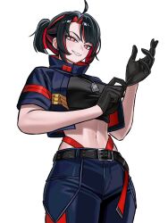 1girl absurdres ahoge belt belt_buckle black_hair breasts buckle commentary commission cowboy_shot cropped_jacket dog_tags gloves highres looking_at_viewer medium_breasts midriff navel original ponytail red_eyes red_hair short_sleeves simple_background smirk solo white_background zeon_(zzeeonn)