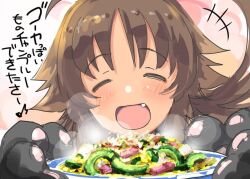 +++ 1girl :d ^_^ animal_hands bitter_melon blush brown_hair choppy_bangs closed_eyes commentary_request facing_viewer fang food goya_chanpuru holding holding_plate ito_ryo kaori_(princess_connect!) long_hair open_mouth plate princess_connect! smile solo translation_request