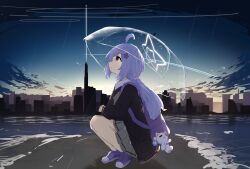 1girl absurdres ahoge blue_archive blue_hair blue_sky cloud commentary facing_to_the_side gradient_sky hair_ornament halo highres holding holding_umbrella horizon jacket long_hair long_sleeves looking_up low_twintails multicolored_hair navel neckerchief open_mouth orange_sky outdoors pink_hair pleated_skirt purple_bag purple_shoes rain reisa_(blue_archive) sailor_collar scenery school_uniform serafuku shoes skirt sky smile squatting star_(symbol) star_hair_ornament transparent transparent_umbrella twintails two-tone_hair umbrella user_uecy3552 water