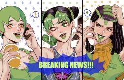 3girls black_hair brown_eyes cellphone corded_phone double_bun dreadlocks drink drinking_straw ermes_costello foo_fighters_(jojo) green_eyes green_hair green_lips green_overalls hair_bun holding holding_phone jojo_no_kimyou_na_bouken kuujou_jolyne lipstick makeup multicolored_hair multiple_girls one_eye_closed overalls phone short_hair smartphone spadelake stone_ocean talking_on_phone two-tone_hair